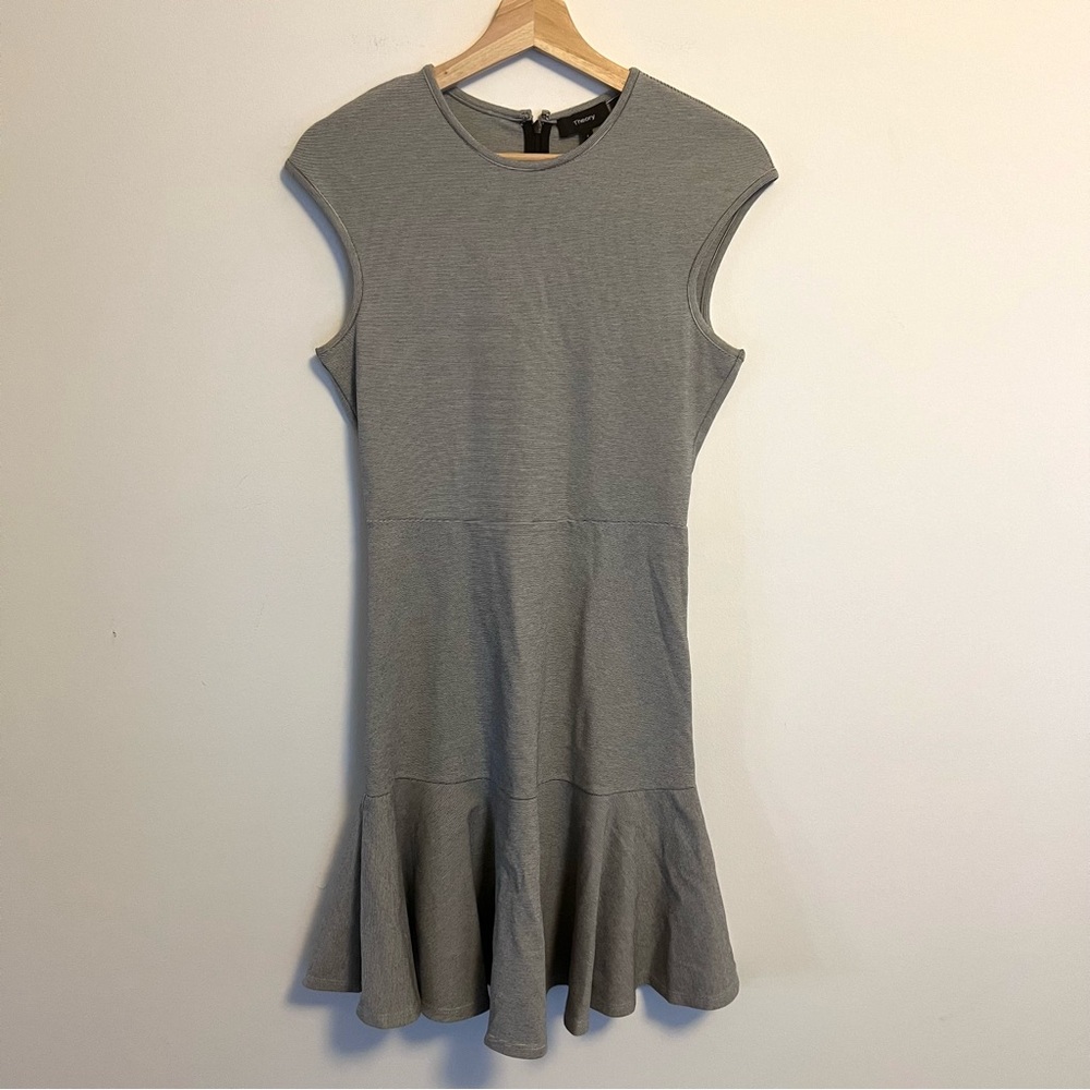 Theory Knit Jersey Fit & Flare Sleeveless Gray Black Pinstripe Dress 4
